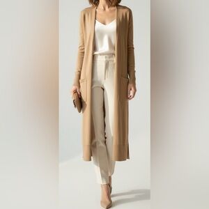 TAHARI merino wool blend knit open front‎ maxi Cardigan size small - Tan